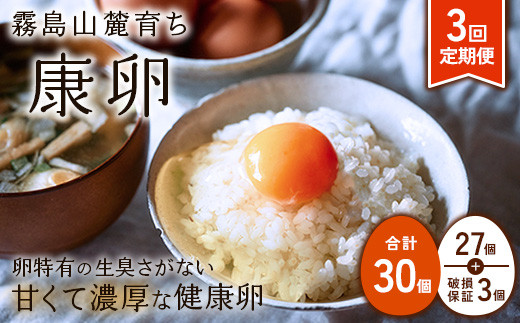 【2025年9月発送開始】卵【3回定期便】 霧島山麓育ち こだわり卵 康卵 計 30個（27個 + 割れ保証 3個）3回 計 90個（81個 + 割れ保証 9個）たまご 玉子 卵焼き 玉子焼き たまご焼き 生卵 鶏卵 たまごかけごはん 国産 九州産 宮崎県産 送料無料