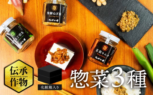  ごはんのお供 飛騨市伝承作物瓶詰3種セット 食べ比べ 御歳暮 ギフト 伝統食材 珍味 ご飯のお供 惣菜 大豆 ブランド豚 飛騨ねぎ 茗荷  国産豚 調味料 おにぎりの具 具材 白川村 飛騨神岡  ひだ小僧 お取り寄せ 珍しい 送料無料 10000円 1万円  [Q2822]