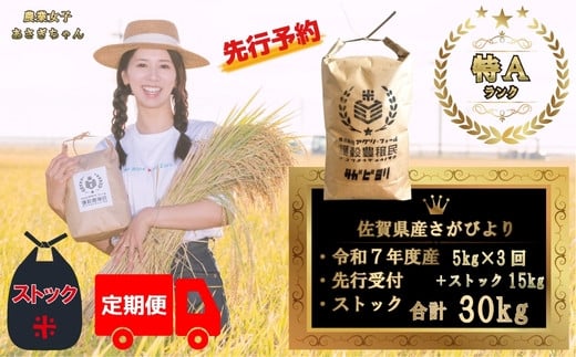 [定期便セット][令和7年産][先行予約]佐賀県産さがびより合計30kg 各月5kg×3回お届け&ストック15kg