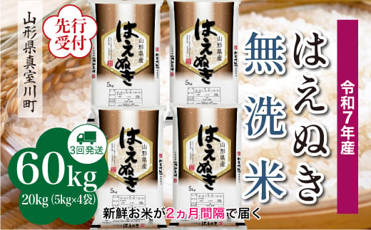 ＜令和7年産米先行受付＞ 真室川町産 はえぬき 【無洗米】 定期便 60kg （20kg×2ヶ月間隔で3回お届け）＜配送時期指定可＞ 2005023 - 山形県真室川町