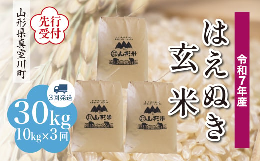 ＜令和7年産米先行受付＞ 真室川町産 はえぬき 【玄米】 30kg定期便 （10kg×3回発送）＜配送時期指定可＞ 2005015 - 山形県真室川町