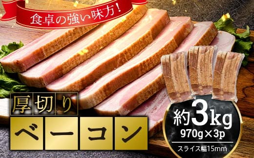 厚切りベーコン 計約3kg 970gｘ3パック 小分け 大容量 厚切り ベーコン 肉 豚肉 豚バラ 料理 朝食 朝ご飯 グルメ ふるさと納税 F6L-1068 2005441 - 山口県山陽小野田市