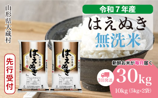 ＜令和7年産米先行受付＞ 大蔵村産 はえぬき 【無洗米】 定期便 30kg （10kg×1ヶ月間隔で3回お届け）＜配送時期選べます＞ 2005485 - 山形県大蔵村