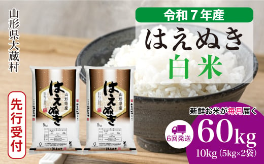 ＜令和7年産米先行受付＞ 大蔵村産 はえぬき 【白米】 定期便 60kg （10kg×1ヶ月間隔で6回お届け）＜配送時期選べます＞ 2005488 - 山形県大蔵村