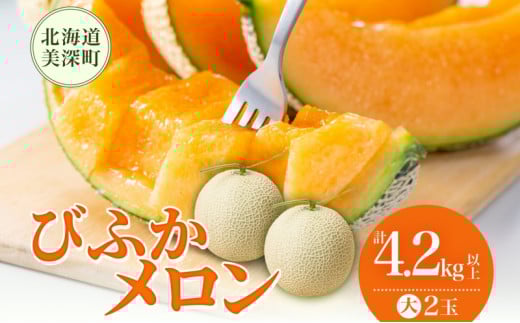 【2025年発送】びふかメロン大2玉(合計4.2kg以上) 北海道 美深町産 赤肉 メロン 産直 高級 果肉 果汁 芳醇 香り甘い デザート フルーツ 果物 くだもの 贈り物 お届け：2025年7月上旬～2025年8月下旬 [№5894-0589] 1278956 - 北海道美深町