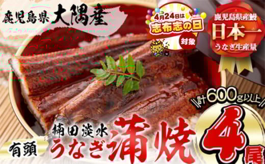 [志布志の日][きざみ鰻付き!]楠田の極うなぎ 蒲焼き150g以上×4尾(計600g以上)