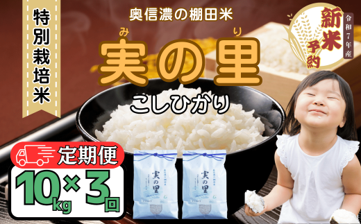 【先行予約】【定期便】<令和７年産新米> 特別栽培米 『奥信濃の棚田米 実の里』 こしひかり 精米 10㎏×3回 (7-26)