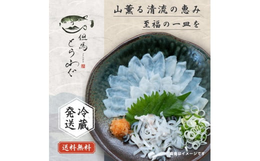 但馬とらふぐ てっさ盛り 2〜3人前(てっさ60g ふぐ皮40g ポン酢30ml) 12.20 よんチャンTV テレビ放送されました ふぐ フグ 河豚 とらふぐ トラフグ てっさ てっぴ ふぐ皮 刺身 ふぐ刺し 冷蔵 曜日指定 金 土 日 内陸養殖 陸上養殖 遊休施設 有効活用 地域活性化 兵庫県 朝来市 AS27BD19-0