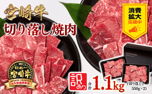 [生活応援中]宮崎牛 赤身焼肉 1.1kg 550×2 訳あり 切り落とし焼肉 牛肉 4等級以上 ブランド牛 ミヤチク 内閣総理大臣賞4連覇 [1.9-17]焼肉用 牛肉 赤身[3月31日終了・その後金額見直し]