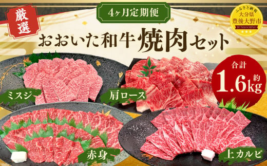 173-1287 【4ヶ月定期便】 おおいた和牛 焼肉 セット 合計約1.6kg 1回あたり約400g 牛肉 食べ比べ ロース 肩ロース 上カルビ カルビ ミスジ 赤身 焼き肉 BBQ バーベキュー お取り寄せ グルメ 大分県産 2009557 - 大分県豊後大野市