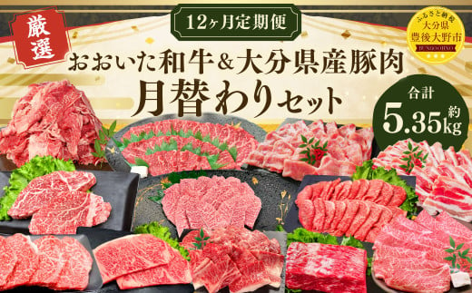 173-1284 【12ヶ月定期便】 毎月替わるおおいた和牛&大分県産豚肉セット！12ヶ月おおいた和牛月替わり 合計約5.35kg 1回あたり約400g～約600g 牛肉 豚肉 おおいた和牛 食べ比べ セット ソース付き サーロイン 赤身 ミスジ ブロック ロース 切り落とし バラ 豚バラ ステーキ ヒレ 焼肉 スライス BBQ バーベキュー お取り寄せ グルメ 大分県産 2009554 - 大分県豊後大野市