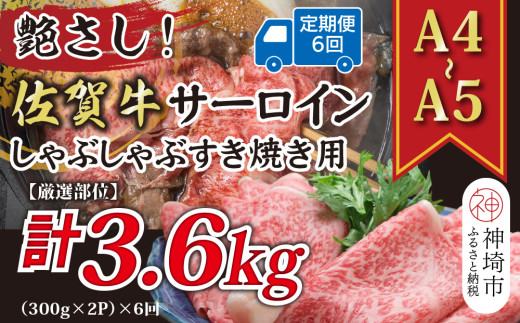 【6か月定期便】艶さし！【厳選部位】【A4～A5】佐賀牛サーロインしゃぶしゃぶすき焼き用 600g(300g×2P)×6回【肉 牛肉 ブランド牛 黒毛和牛 お祝い ご褒美 ふるさと納税】(H112206)