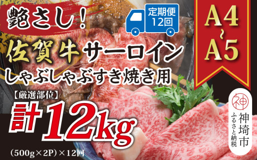【12か月定期便】【厳選部位】【A4～A5】佐賀牛サーロインしゃぶしゃぶすき焼き用 1kg(500g×2P)×12回【肉 牛肉 ブランド牛 黒毛和牛 お祝い ご褒美 ふるさと納税】(H112210)