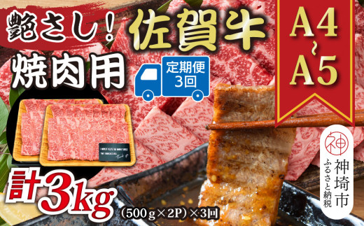 【3か月定期便】艶さし！【A4～A5】佐賀牛焼肉用 1kg(500g×2P)×3回【肉 牛肉 ブランド牛 黒毛和牛 ふるさと納税】(H112169)