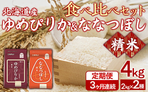 【3ヶ月定期配送】（精米4kg）食べ比べセット（ゆめぴりか、ななつぼし） 【 ふるさと納税 人気 おすすめ ランキング 穀物 米 ななつぼし ゆめぴりか 精米 おいしい 美味しい 食べ比べ セット 定期便 北海道 豊浦町 送料無料 】 TYUA156