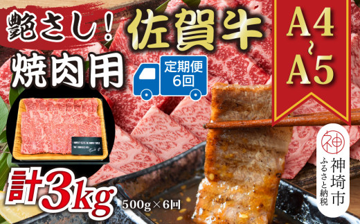 【6か月定期便】艶さし！【A4～A5】佐賀牛焼肉用 500g×6回【肉 牛肉 ブランド牛 黒毛和牛 ふるさと納税】(H112167)