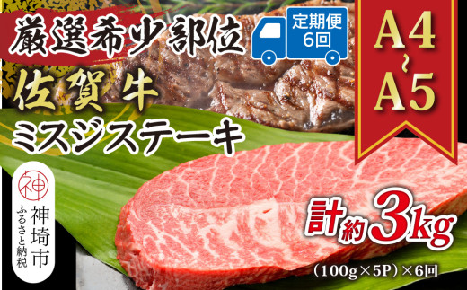 【6か月定期便】【厳選希少部位】【A4～A5】佐賀牛ミスジステーキ 約500g(100g×5P)×6回【肉 牛肉 ブランド牛 黒毛和牛 ステーキ肉 ふるさと納税】(H112263)
