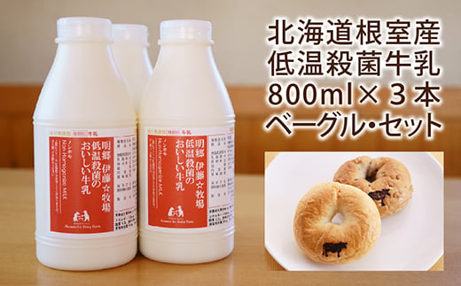 A-13026 低温殺菌牛乳800ml×3本、ベーグル(クルミ・プレーン)各2個