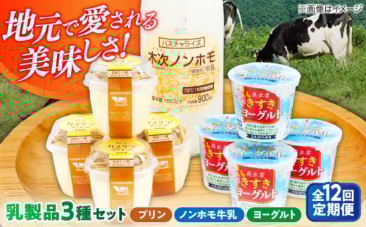 【全12回定期便】朝食やおやつに！プリン・ヨーグルト・ノンホモ牛乳 乳製品3種セット 島根県雲南市/木次乳業有限会社 [AIBH007]