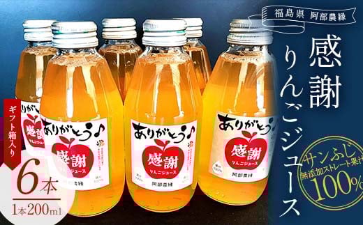 阿部農縁　感謝りんごジュース6本ギフト箱入り　サンふじ無添加ストレート果汁100%　200ml×6本 F7X-0024 696233 - 福島県須賀川市