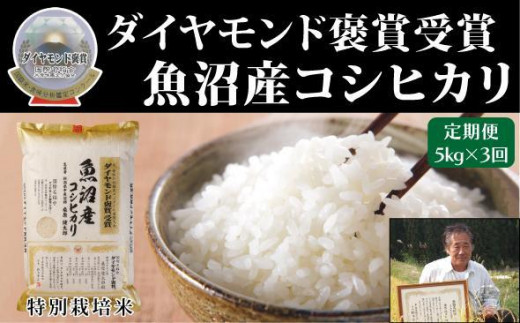 【令和7年産新米】【3ヶ月定期便】最高級 魚沼産 こしひかり 5kg（5kg×1袋）ダイヤモンド褒賞受賞 特別栽培米 新潟県 津南町 コシヒカリ コメ 米 お米 712700 - 新潟県津南町