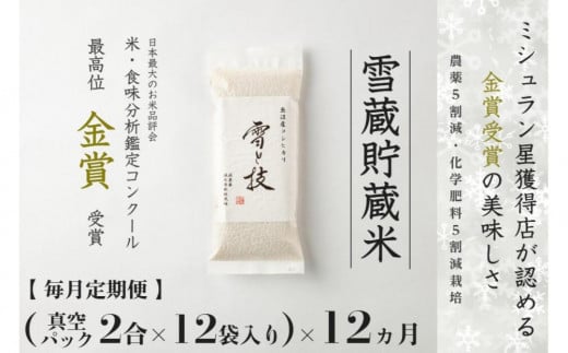 【 令和7年産 新米 予約 】 定期便 〔 真空パック 2合 ×12袋〕×12ヶ月 雪蔵貯蔵米 金賞受賞 魚沼産コシヒカリ 雪と技 農薬5割減・化学肥料5割減栽培　藤ノ木株式会社　お米 こめ 白米 食品