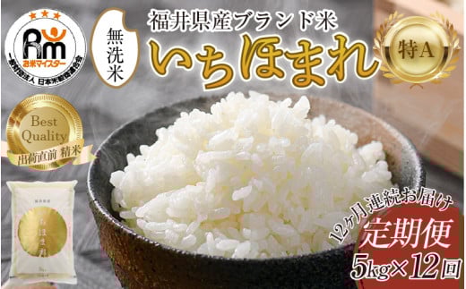 【令和6年産 新米】定期便12回 いちほまれ 無洗米 5kg×12回（60kg）／ 福井県産 ブランド米 ご飯 白米 新鮮 [aw064-m002] 498651 - 福井県あわら市