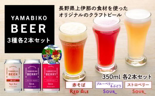 クラフトビール YAMABIKO BEER 3種 計6本 飲み比べ セット 赤そば ブルーベリー ストロベリー 詰め合わせ 地ビール フルーツ ビール フルーツビール お酒 酒 アルコール 発泡酒 珍しい フルーティー ギフト プレゼント 贈答 冷蔵 長野 長野県　[№5675-1407] 1231377 - 長野県箕輪町