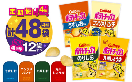 【4ヶ月定期便】カルビー ポテトチップス 食べ比べ4種【うすしお、コンソメパンチ、のりしお、九州しょうゆ】　K194-T01 2012775 - 鹿児島県鹿児島市