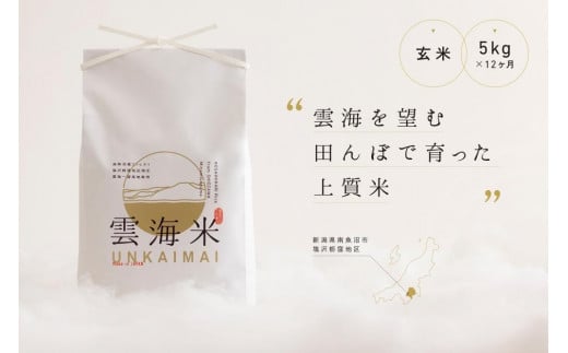 【令和7年産新米予約】【定期便】「雲海米」南魚沼塩沢産コシヒカリ　玄米5kg x 全12回【2025年10月1日より順次発送予定】 456187 - 新潟県南魚沼市