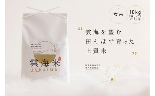 【令和7年産新米予約】【定期便】「雲海米」南魚沼塩沢産コシヒカリ　玄米10kg（5kg x 2） x 全12回【2025年10月1日より順次発送予定】 456189 - 新潟県南魚沼市