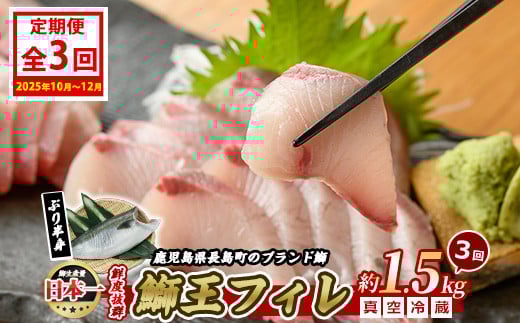 ＜定期便・毎月 全3回＞ 鰤王 フィレ 定期便  約1.5kg×1枚 国産 鹿児島県産 鰤 ブリ ぶり 鰤 ぶりおう 冷蔵 海鮮 海産物 魚介 背身 腹身 ブランド 魚 真空パック 刺身 ぶりしゃぶ しゃぶしゃぶ 海鮮丼 産地直送【JFA】jfa-1483A