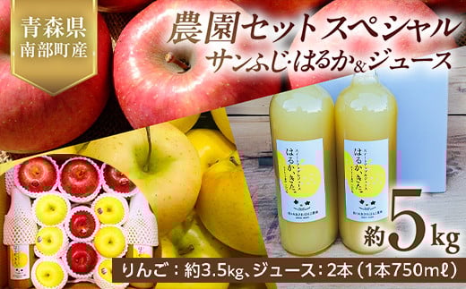 青森県産 サンふじ・はるか＆りんごジュース (農園セットスペシャル) 5kg 【佐々木あきおはるこ農園】 青森りんご リンゴ 林檎 アップル リンゴジュース あおもり 青森県 南部町 三戸 果物 くだもの フルーツ F21U-584