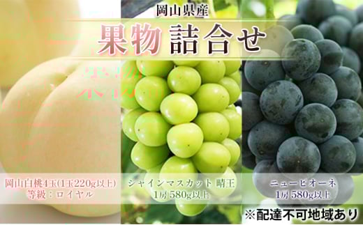 [№5615-0707]フルーツ 2025年 先行予約 果物 詰合せ 岡山 白桃 4玉 等級：ロイヤル（1玉220g以上） シャイン マスカット 晴王 1房 580g以上 ニューピオーネ 1房 580g以上  岡山県産 ギフト