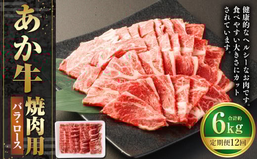 【12ヶ月定期便】あか牛焼き肉用カット（バラ、ロース） 約500g 計約6,000g 赤牛 あか牛 牛肉 熊本 バラ ロース カット肉 定期便 熊本県 西原村 冷凍 2033705 - 熊本県西原村