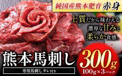 赤身馬刺し300g【純国産熊本肥育】 たっぷり300g 約100g×3ブロック(タレ5ml×3袋) 生食用 冷凍《60日以内に出荷予定(土日祝除く)》送料無料 2084156 - 熊本県苓北町