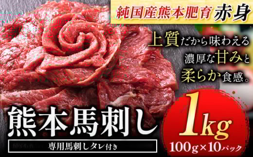 赤身馬刺し 1kg【純国産熊本肥育】 たっぷり1kg 約100g×10ブロック (タレ5ml×10袋) 生食用 冷凍《30日以内に出荷予定(土日祝除く)》 2123714 - 熊本県菊池市