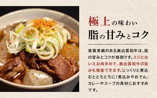 受賞実績のある「奥出雲和牛」は、脂の甘みとコクが格別です。スジとはいえお肉多めで、奥出雲和牛の旨みも堪能できます！