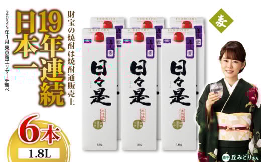 2759 麦焼酎 紙パック6本『日々是(麦)』温泉水仕立ての焼酎 KN021-008 1592976 - 鹿児島県鹿屋市