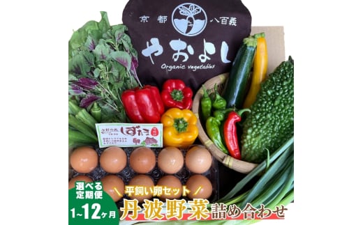 [№5334-0275]【定期便12回】＜京野菜の京都やおよし＞丹波野菜詰め合わせ 平飼い卵のセット《栽培期間中農薬不使用 野菜》※北海道・沖縄・離島への発送不可 2067956 - 京都府南丹市