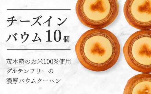 バームクーヘン 茂木町産米粉100%使用 チーズインバウム 10個 | バウムクーヘン スイーツ コシヒカリ 米粉 チーズ ブルーベリー グルテンフリー 発酵 バター コーヒー ベイクドチーズケーキ 洋菓子 ヌン活 お菓子 ギフト 贈答用 プレゼント 箱詰め 箱入り 詰め合せ 濃厚 紅茶 冷凍 酸味 地元産 もちもち 道の駅 もてぎプラザ 栃木県 茂木町