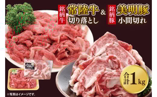 美明豚小間切れ＆常陸牛切り落とし 計1kg(各約500g×1)｜肉 お肉 牛肉 肉類 牛肉 常陸牛 美明豚 切り落とし 小間切れ セット アソート ブランド 使い切り 少量 茨城県 行方市(DH-32) 2081089 - 茨城県行方市