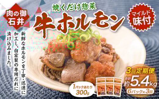 【3ヶ月定期便】焼くだけ総菜 肉の卸 石井 牛ホルモン 約1.8kg（約300g×6）×3回 計約5.4kg ／ 3回定期便 ホルモン 牛肉 お肉 肉 簡単調理 味付き たれ漬け おかず 総菜 惣菜 グルメ 定期便 岡山県 美咲町 冷凍 2073279 - 岡山県美咲町