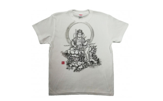 手描きTシャツ 仏画 文殊菩薩 白 (半袖 XLサイズ)【1615175】