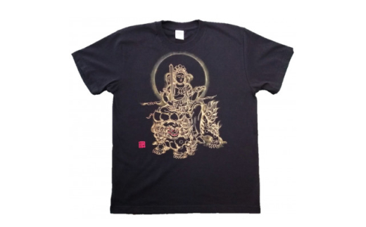 手描きTシャツ 仏画 文殊菩薩 黒 (半袖 Mサイズ)【1615177】