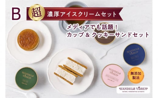 B:ハンデルスベーゲン無添加アイスクリーム/カップ＆クッキーサンドセット　メディアでも話題のクッキーサンド×2個＆濃厚カップアイスクリーム×4個のセット  大人気商品 クッキー 北海道牛乳 ピスタチオ ラムレーズン あまおう バニラ