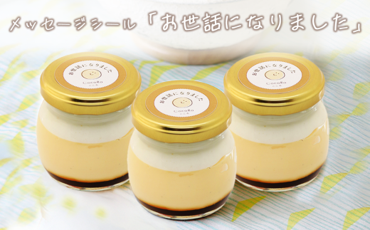 CocoRoプリン3個セット（ギフト包装＋メッセージシール「お世話になりました」）【 茨城県 つくば市 プリン スイーツ 生クリーム カスタードクリーム バニラ 牛乳 卵 国産 甘味 お菓子 デザート ギフト 8000】