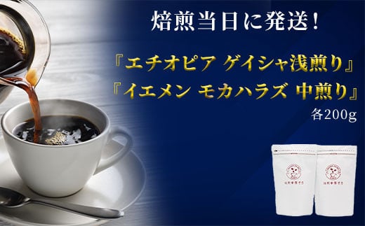 焙煎当日に発送！『エチオピア ゲイシャ浅煎り』＆『イエメン モカハラズ 中煎り』各200g　粉 2124669 - 岐阜県大垣市