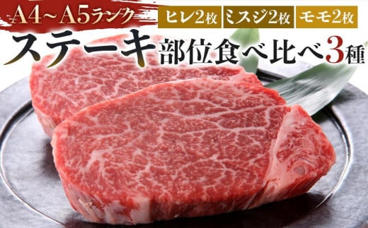 博多和牛【A4～A5】ステーキ部位食べ比べ3種（ヒレ150g×2枚、ミスジ100ｇ×2枚、モモ100ｇ×2枚）計700ｇ 2081196 - 福岡県大川市