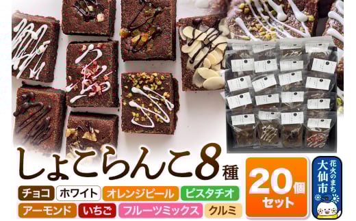 しょこらんこ20個セット［8種詰め合わせ］ブラウニー（チョコ、ホワイト、オレンジピール、ピスタチオ、アーモンド、イチゴ、フルーツミックス、クルミ）スイーツ お菓子 571190 - 秋田県大仙市
